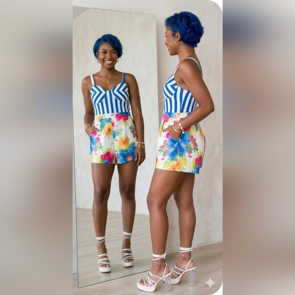 Retro Artisy Pin-up 50s Rockabilly Striped Coastal Floral Playsuit New